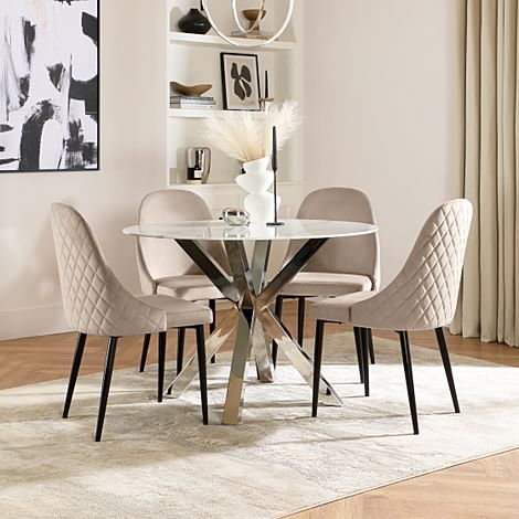 Plaza Round White Marble and Chrome Dining Table with 4 Ricco Champagne ...