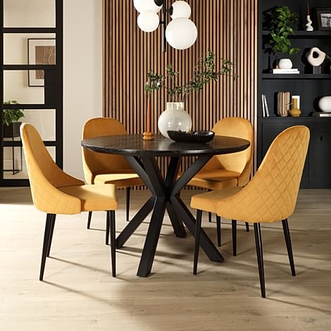 Newark Round Dining Table & 4 Ricco Chairs, Black Oak Effect & Black Steel, Mustard Classic Velvet, 110cm
