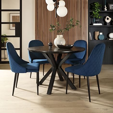 Newark Round Dining Table & 4 Ricco Chairs, Black Oak Effect & Black Steel, Blue Classic Velvet, 110cm
