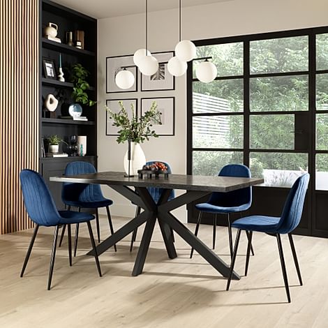 Madison Dining Table & 4 Brooklyn Chairs, Black Oak Effect & Black Steel, Blue Classic Velvet, 160cm
