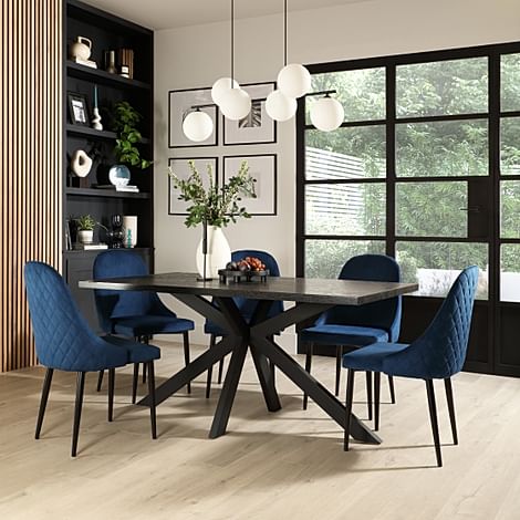 Madison Dining Table & 4 Ricco Chairs, Black Oak Effect & Black Steel, Blue Classic Velvet, 160cm
