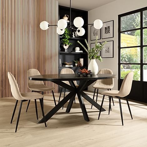 Madison Oval Dining Table & 4 Brooklyn Chairs, Black Oak Effect & Black Steel, Champagne Classic Velvet, 160cm