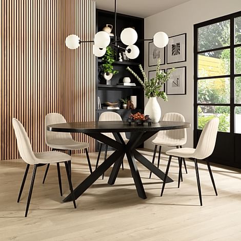 Madison Oval Dining Table & 4 Brooklyn Chairs, Black Oak Effect & Black Steel, Ivory Classic Plush Fabric, 160cm