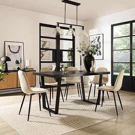 Addison Dining Table & 6 Brooklyn Chairs, Black Oak Effect & Black Steel, Ivory Classic Plush Fabric, 150cm