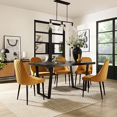 Addison Dining Table & 4 Ricco Chairs, Black Oak Effect & Black Steel, Mustard Classic Velvet, 150cm