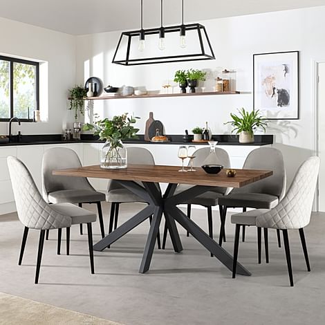 Madison Industrial Dining Table & 4 Ricco Chairs, Walnut Effect & Black Steel, Grey Classic Velvet, 160cm