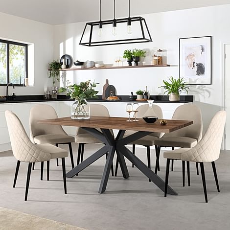 Madison Industrial Dining Table & 4 Ricco Chairs, Walnut Effect & Black Steel, Champagne Classic Velvet, 160cm