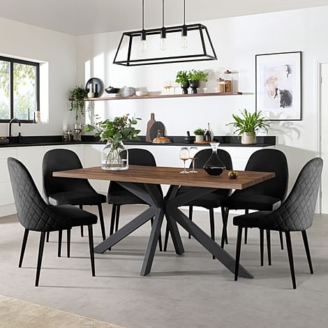 Madison Industrial Dining Table & 4 Ricco Chairs, Walnut Effect & Black Steel, Black Classic Velvet, 160cm