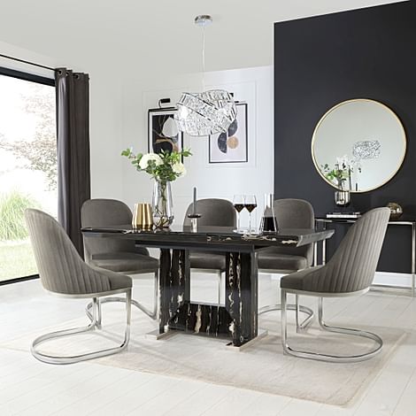 Florence Extending Dining Table & 4 Riva Chairs, Black Marble Effect, Grey Classic Velvet & Chrome, 120-160cm