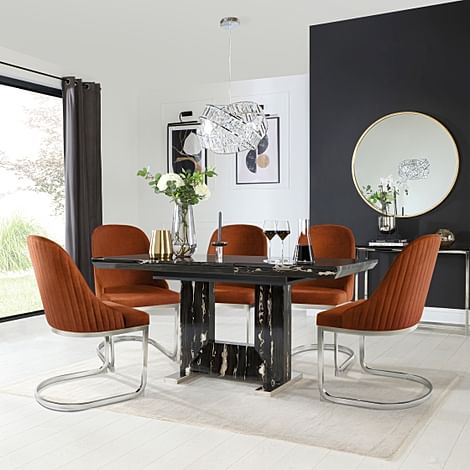 Florence Extending Dining Table & 4 Riva Chairs, Black Marble Effect, Burnt Orange Classic Velvet & Chrome, 120-160cm