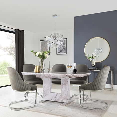 Florence Extending Dining Table & 4 Riva Chairs, Grey Marble Effect, Grey Classic Velvet & Chrome, 120-160cm