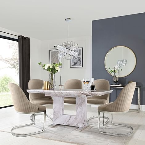 Florence Extending Dining Table & 4 Riva Chairs, Grey Marble Effect, Champagne Classic Velvet & Chrome, 120-160cm