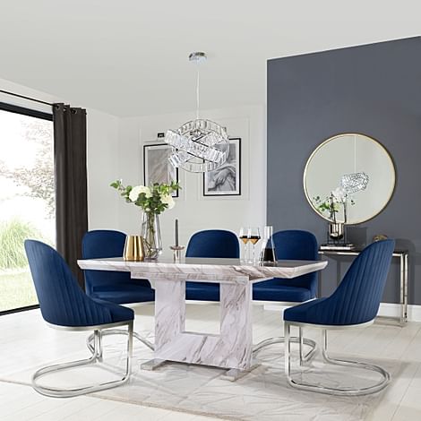 Florence Extending Dining Table & 4 Riva Chairs, Grey Marble Effect, Blue Classic Velvet & Chrome, 120-160cm