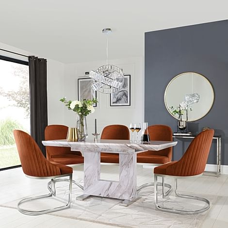 Florence Extending Dining Table & 4 Riva Chairs, Grey Marble Effect, Burnt Orange Classic Velvet & Chrome, 120-160cm