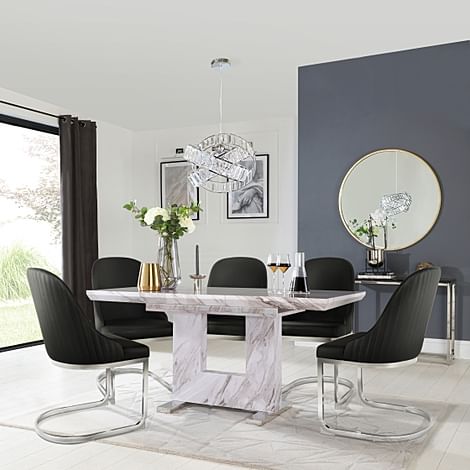 Florence Extending Dining Table & 4 Riva Chairs, Grey Marble Effect, Black Premium Faux Leather & Chrome, 120-160cm