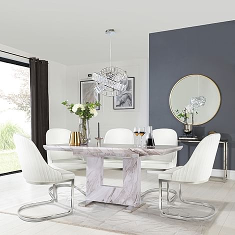 Florence Extending Dining Table & 4 Riva Chairs, Grey Marble Effect, White Premium Faux Leather & Chrome, 120-160cm