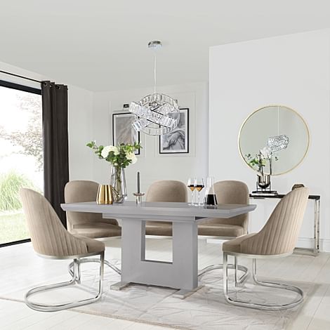 Florence Extending Dining Table & 4 Riva Chairs, Grey High Gloss, Champagne Classic Velvet & Chrome, 120-160cm