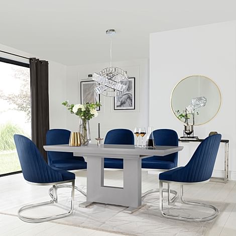 Florence Extending Dining Table & 4 Riva Chairs, Grey High Gloss, Blue Classic Velvet & Chrome, 120-160cm