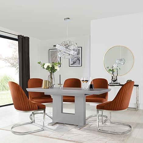 Florence Extending Dining Table & 6 Riva Chairs, Grey High Gloss, Burnt Orange Classic Velvet & Chrome, 120-160cm