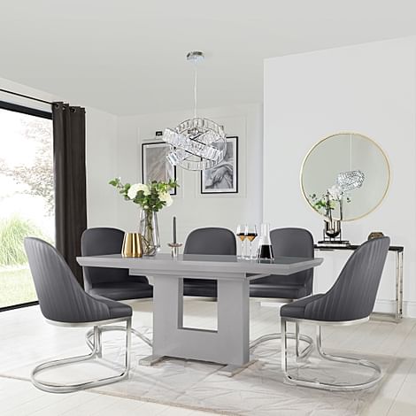 Florence Extending Dining Table & 4 Riva Chairs, Grey High Gloss, Grey Premium Faux Leather & Chrome, 120-160cm