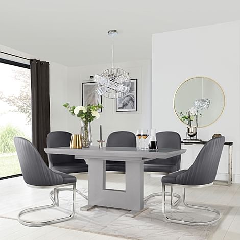 Florence Extending Dining Table & 6 Riva Chairs, Grey High Gloss, Grey Premium Faux Leather & Chrome, 120-160cm