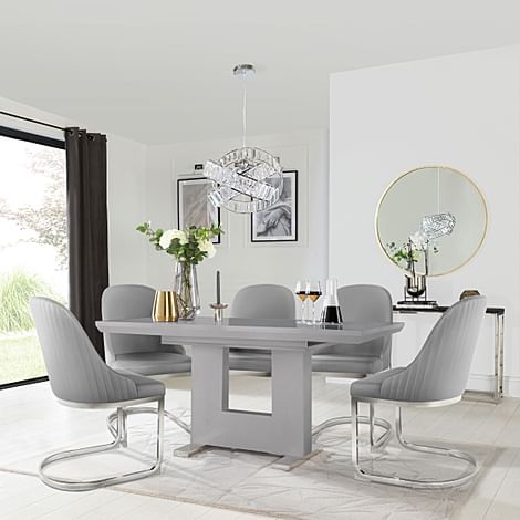 Florence Extending Dining Table & 4 Riva Chairs, Grey High Gloss, Light Grey Premium Faux Leather & Chrome, 120-160cm