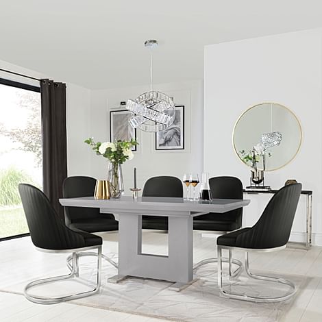 Florence Extending Dining Table & 4 Riva Chairs, Grey High Gloss, Black Premium Faux Leather & Chrome, 120-160cm