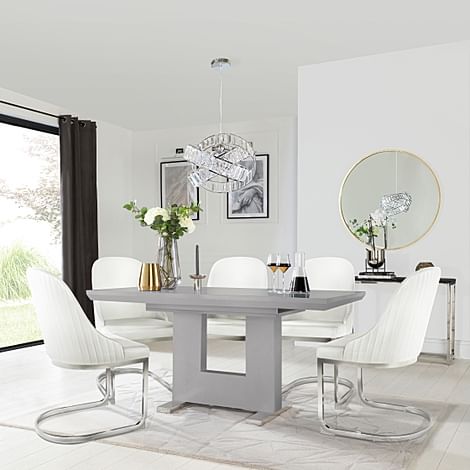 Florence Extending Dining Table & 4 Riva Chairs, Grey High Gloss, White Premium Faux Leather & Chrome, 120-160cm