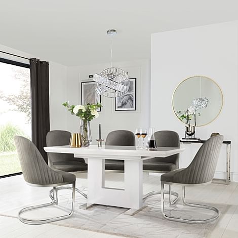 Florence Extending Dining Table & 4 Riva Chairs, White High Gloss, Grey Classic Velvet & Chrome, 120-160cm