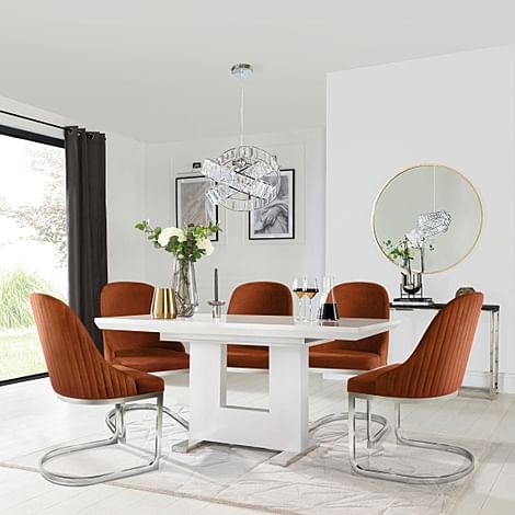 Florence Extending Dining Table & 4 Riva Chairs, White High Gloss, Burnt Orange Classic Velvet & Chrome, 120-160cm