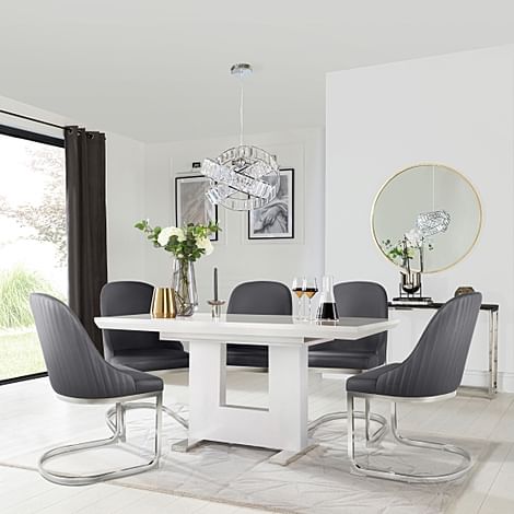 Florence Extending Dining Table & 4 Riva Chairs, White High Gloss, Grey Premium Faux Leather & Chrome, 120-160cm