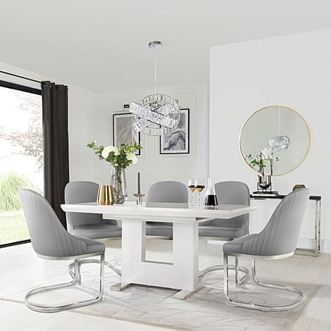 Florence Extending Dining Table & 4 Riva Chairs, White High Gloss, Light Grey Premium Faux Leather & Chrome, 120-160cm