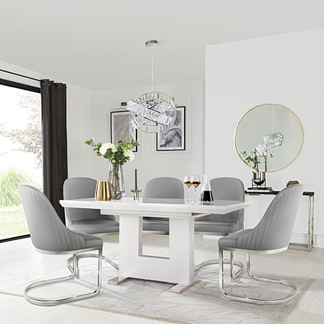 Florence Extending Dining Table & 6 Riva Chairs, White High Gloss, Light Grey Premium Faux Leather & Chrome, 120-160cm