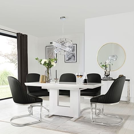 Florence Extending Dining Table & 4 Riva Chairs, White High Gloss, Black Premium Faux Leather & Chrome, 120-160cm