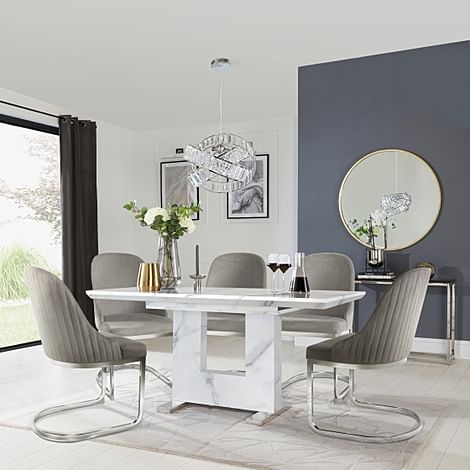 Florence Extending Dining Table & 4 Riva Chairs, White Marble Effect, Grey Classic Velvet & Chrome, 120-160cm