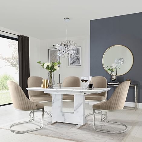 Florence Extending Dining Table & 4 Riva Chairs, White Marble Effect, Champagne Classic Velvet & Chrome, 120-160cm