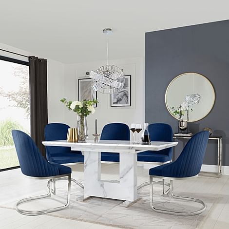 Florence Extending Dining Table & 4 Riva Chairs, White Marble Effect, Blue Classic Velvet & Chrome, 120-160cm