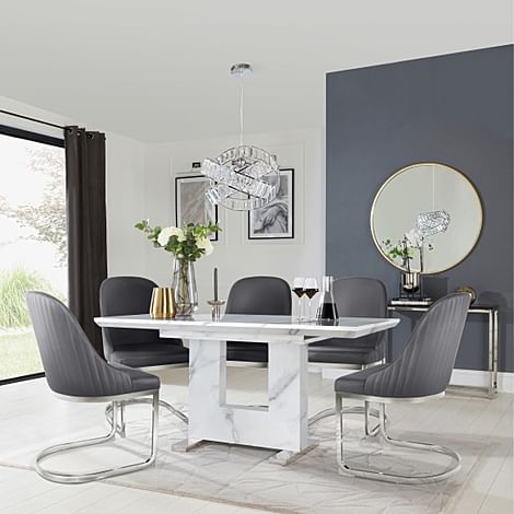 Florence Extending Dining Table & 4 Riva Chairs, White Marble Effect, Grey Premium Faux Leather & Chrome, 120-160cm