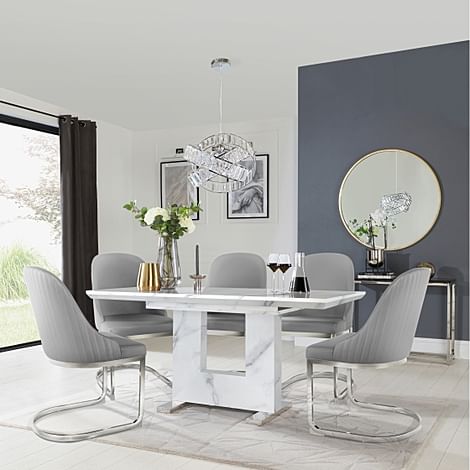 Florence Extending Dining Table & 4 Riva Chairs, White Marble Effect, Light Grey Premium Faux Leather & Chrome, 120-160cm