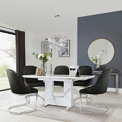 Florence Extending Dining Table & 4 Riva Chairs, White Marble Effect, Black Premium Faux Leather & Chrome, 120-160cm