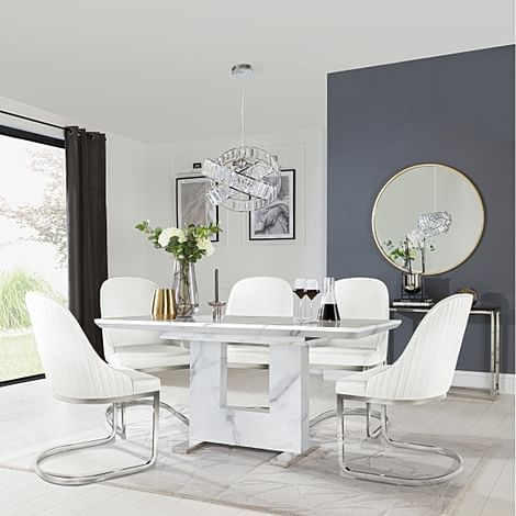 Florence Extending Dining Table & 4 Riva Chairs, White Marble Effect, White Premium Faux Leather & Chrome, 120-160cm