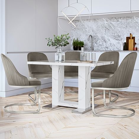 Joule Dining Table & 4 Riva Chairs, White Marble Effect, Grey Classic Velvet & Chrome, 120cm