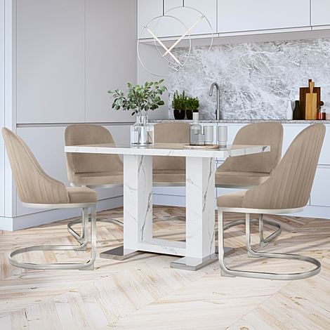 Joule Dining Table & 4 Riva Chairs, White Marble Effect, Champagne Classic Velvet & Chrome, 120cm
