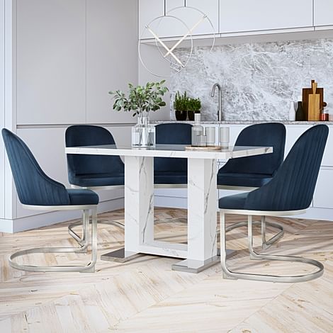 Joule Dining Table & 4 Riva Chairs, White Marble Effect, Blue Classic Velvet & Chrome, 120cm
