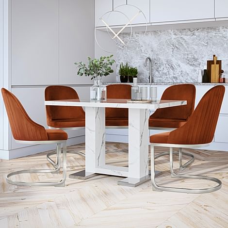 Joule Dining Table & 4 Riva Chairs, White Marble Effect, Burnt Orange Classic Velvet & Chrome, 120cm