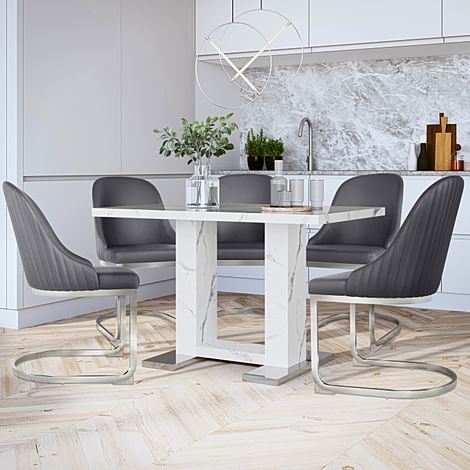 Joule Dining Table & 4 Riva Chairs, White Marble Effect, Grey Premium Faux Leather & Chrome, 120cm