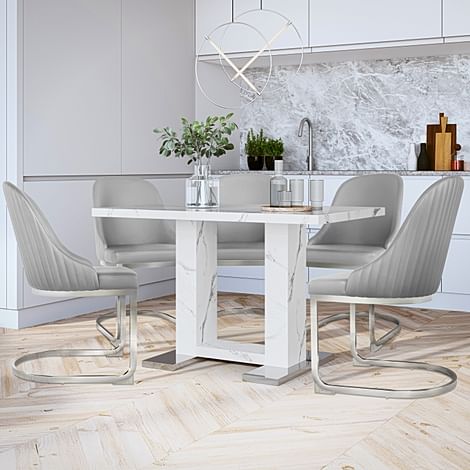 Joule Dining Table & 4 Riva Chairs, White Marble Effect, Light Grey Premium Faux Leather & Chrome, 120cm