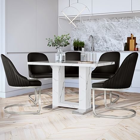 Joule Dining Table & 4 Riva Chairs, White Marble Effect, Black Premium Faux Leather & Chrome, 120cm