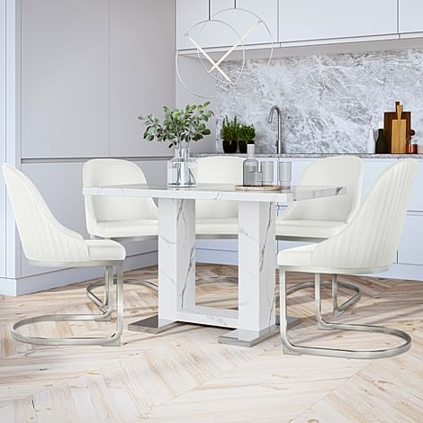 Joule Dining Table & 4 Riva Chairs, White Marble Effect, White Premium Faux Leather & Chrome, 120cm