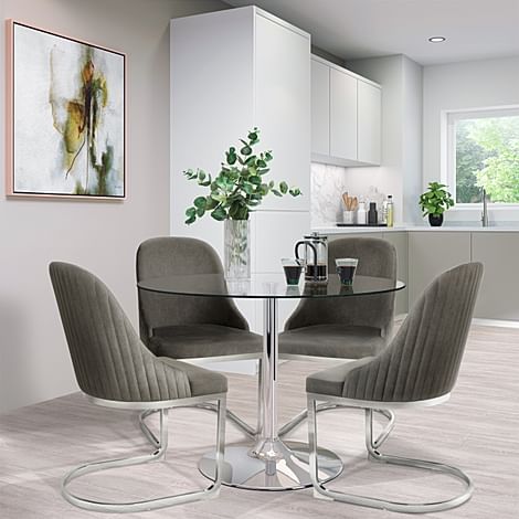 Orbit Round Dining Table & 4 Riva Chairs, Glass & Chrome, Grey Classic Velvet, 110cm